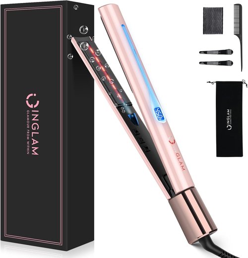 IG INGLAM Titanium Flat Iron Hair Straightener - 1 Inch Infrared Curling Iron | Dual Voltage 110-240V, Pink