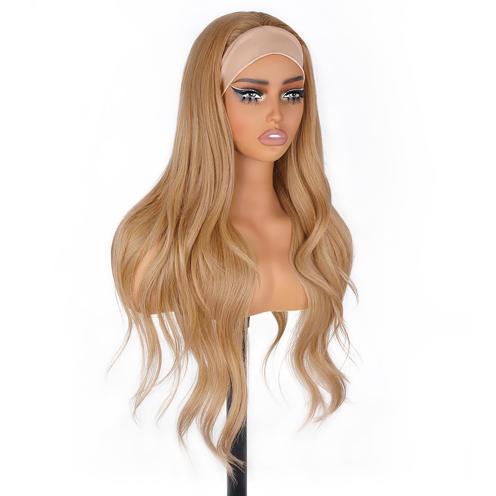 Long Wavy Headband Wigs for White Women, Gluless Wear and Go Half WIg, Natural Looking Synthetic Wig with Headband Attached Heat Resistant (Honey Blonde)