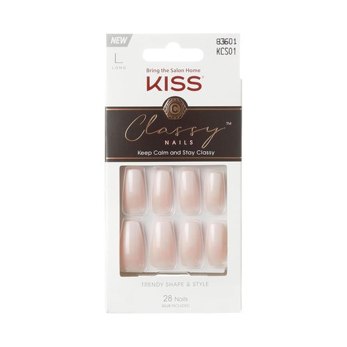 KISS Classy French Nail Manicure Kit - Long Coffin Shaped Fake Nails with Gel Finish | 28 Count 'Be-You-Tiful'