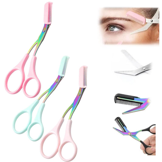 hoehew Eyebrow Trimmer Scissor, 2024 New Eyebrow Scissors with Comb Precision Eyebrow Trimming Scissors, Non-Slip Eyebrow Cutter Hair Removal Eyebrow Scissors Makeup Tool (3PC A)