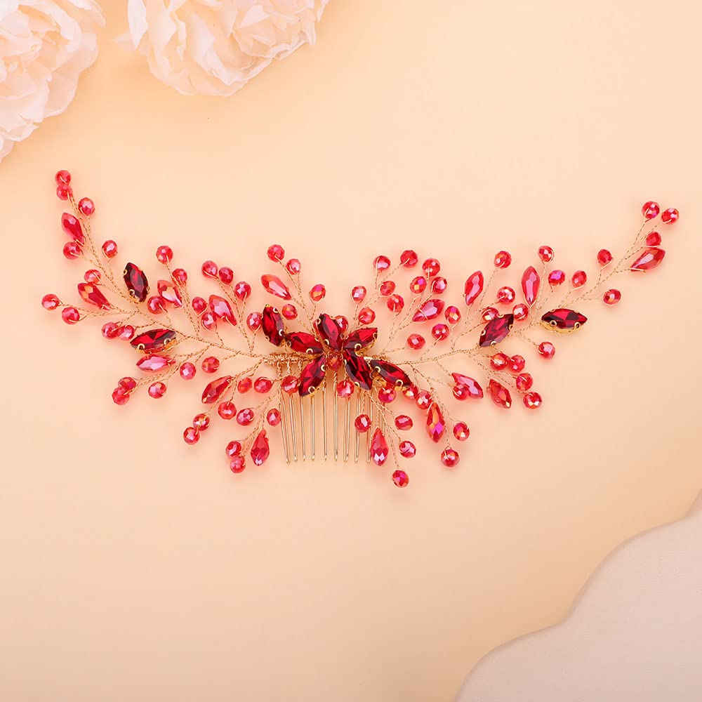 Teyglen Women Red Rhinestones Flower Bride Wedding Hair Comb Headband Handmade Hair Pieces Hair Accessories Shiny Crystals Bridal Side Hair Combs for Women Bride Girls