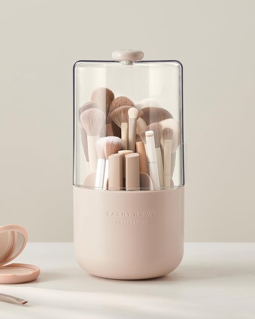 EACHY Makeup Brush Holder 360° Rotating with Dustproof Lid, Waterproof Material, 7 Compartments for Organized Storage, Stylish and Durable Design for Vanity (Pink)