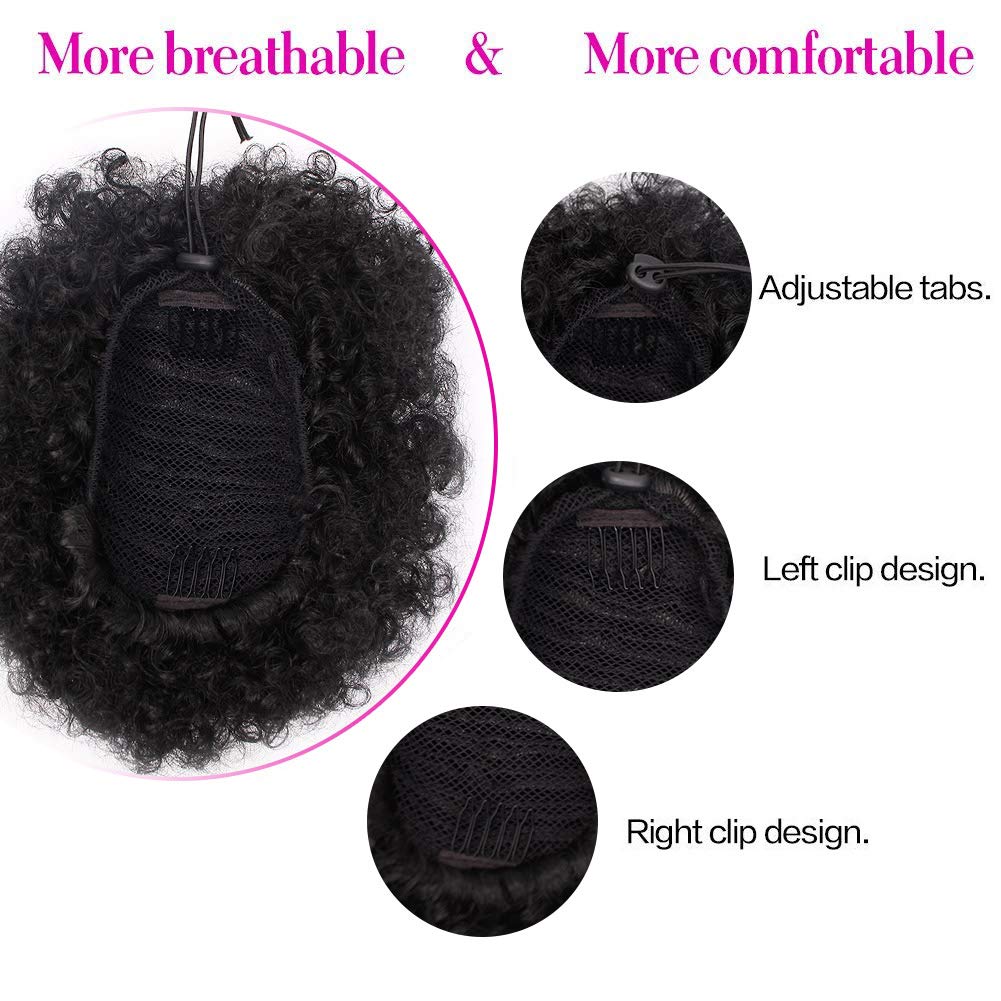 AISI QUEENS Natural Black Puff Ponytail for Women And Kids, Synthetic Curly Hair Ponytail African American Short Afro Puff Ponytail Hair Extensions Wig with 2 Clips(1B#)