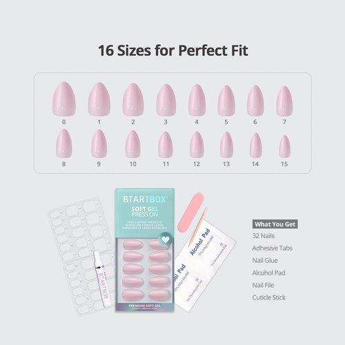 BTArtbox Press On Nails Short - Home CEO, Easy-to-Apply Light Pink Almond Press On Nails with Glue and Adhesive Tabs in 16 Sizes - 32 Nails All-in-One Kit