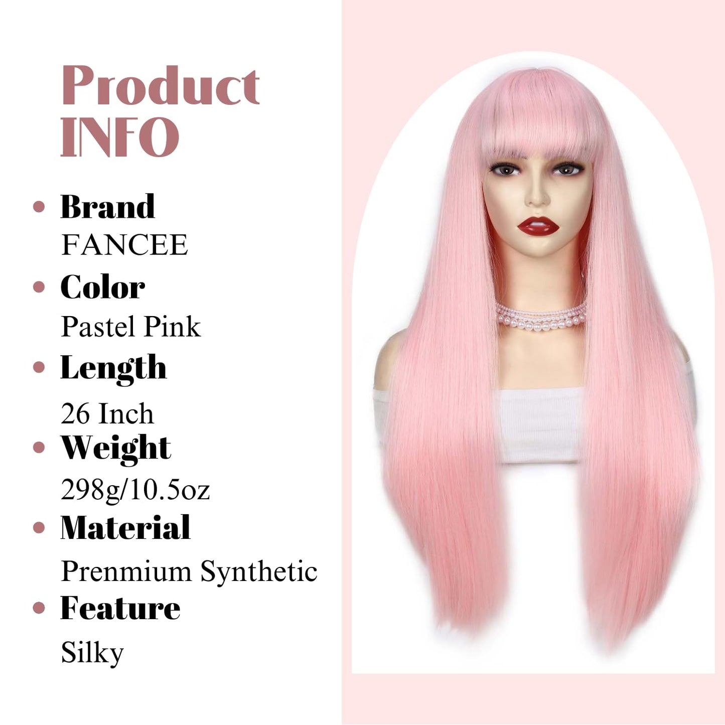 FANCEE Pastel Pink Wig with Bangs Long Straight Wig with Blunt Bangs for Women 26 Inch Synthetic Sakura Pink Wig with Layered Ends for Cosplay Halloween Party Daily Use