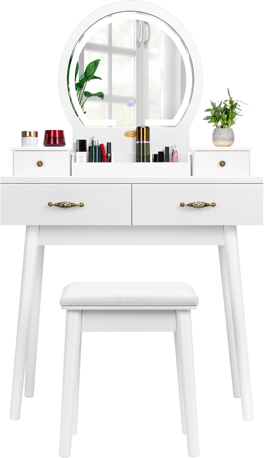 VIVOHOME Vanity Set with 3-Color Dimmable Lighted Mirror, Makeup Dressing Table with Drawers, Padded Stool, White