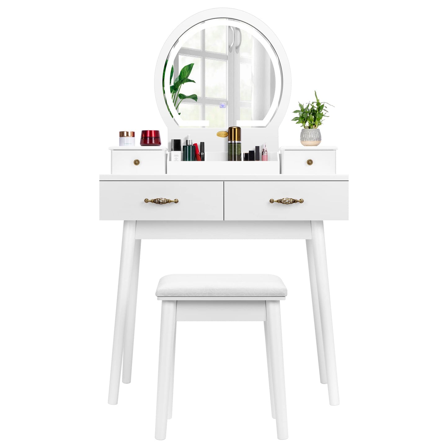 VIVOHOME Vanity Set with 3-Color Dimmable Lighted Mirror, Makeup Dressing Table with Drawers, Padded Stool, White