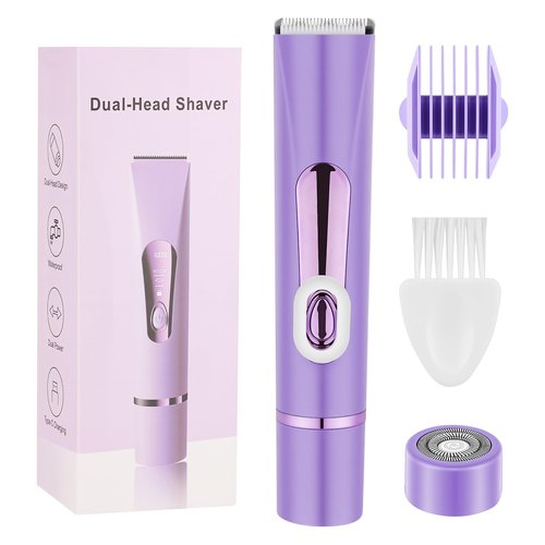 Bikini Trimmer for Women, 2 in 1 Dual Head Electric Shaver, Ceramic Blade, IPX7 Waterproof, LCD Display, USB Rechargeable Cordless Wet/Dry Painless Hair Removal for Face, Body & Bikini Line (Violet)