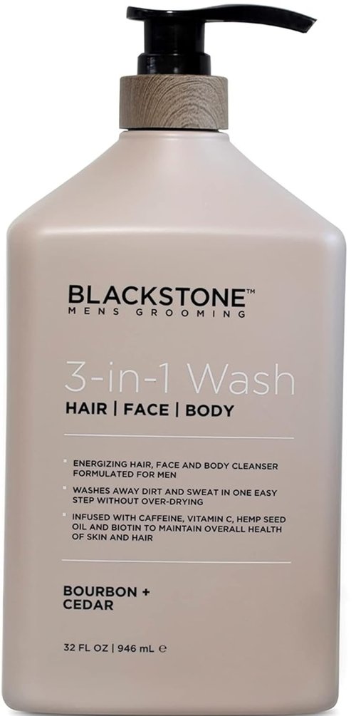 Blackstone 3-in-1 Wash for Men - Cleanses & Conditions Hair, Body & Face | Caffeine & Vitamin C | Bourbon & Cedar, 32 fl oz