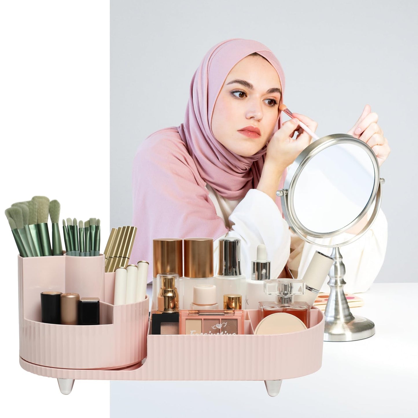 Makeup Organizer Countertop Rotating Makeup Organizer for Vanity Large Capacity Cosmetic Display Case with Makeup Brush Holder Cosmetic Organizer Countertop（Pink）