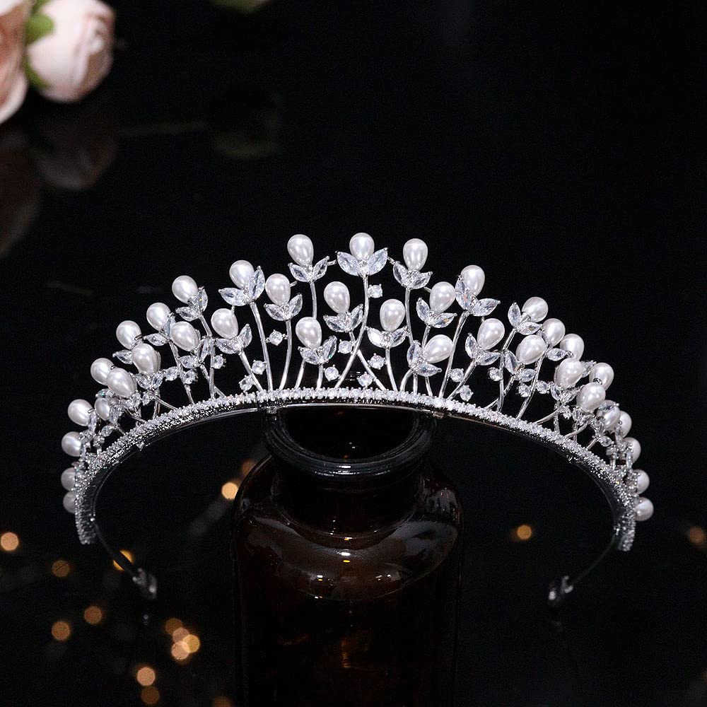 Aoligrace Luxury Cubic Zirconia Pearls Wedding Tiaras and Crowns for Women Fairy Bridal Headwear Birthday Party Hair Jewelry