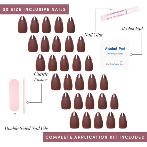 Glamnetic Press On Nails - Terra | Short Almond Dark Brown Fake Nails with Glossy French Tips in a Matte Finish, Salon Quality, 15 Sizes - 30 Nail Kit with Glue