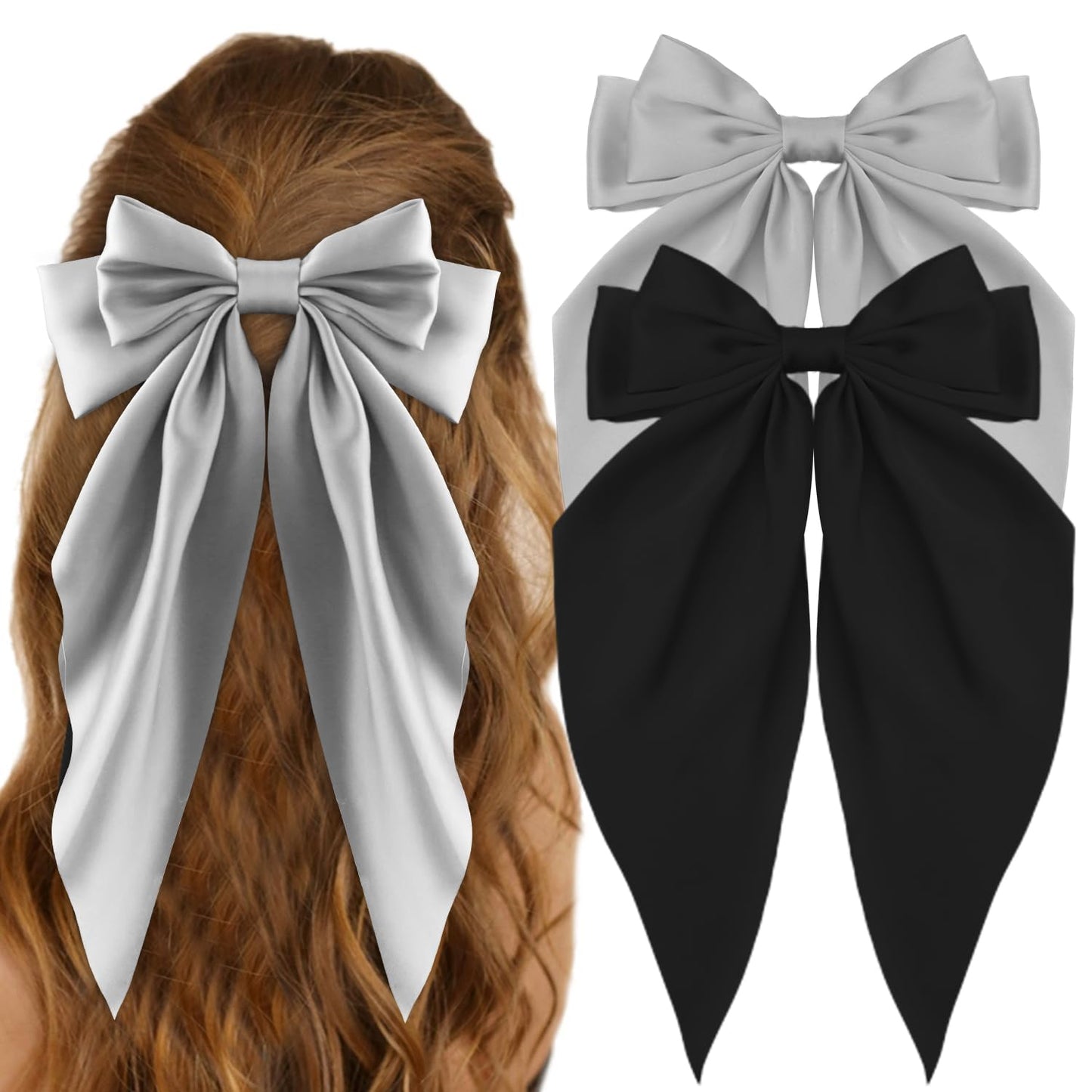 ATODEN Oversized Long Tail Satin Bow Hair Clips and Barrettes - Silky Large Aesthetic Hair Accessories for Women, Grey Black