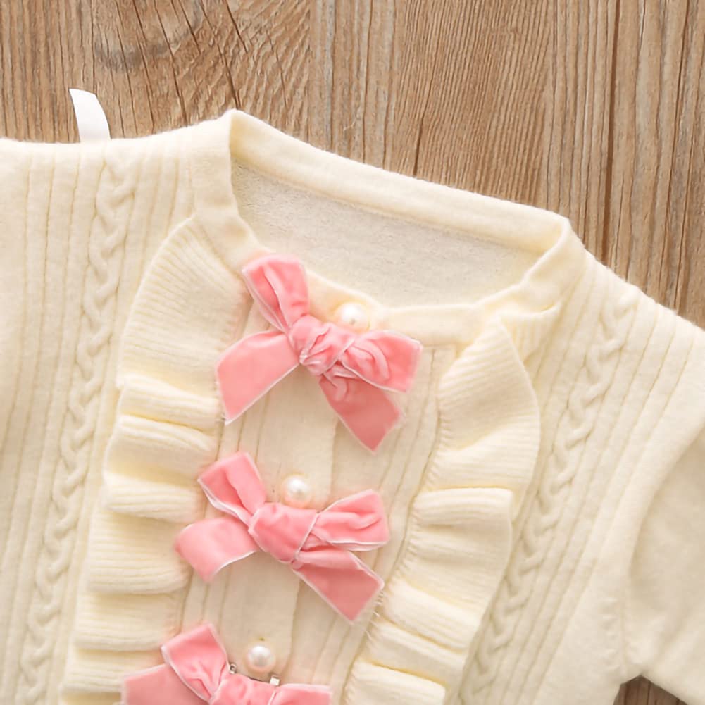 Toddler Baby Girls Autumn Winter Fall Clothes Knit Long Sleeve Ruffle Sweater Top+Pleated Mini Tutu Skirt 2pcs Outfit for Kids Princess Casual Playwear Homewear Clothing Set Pink-Bow 2-3T