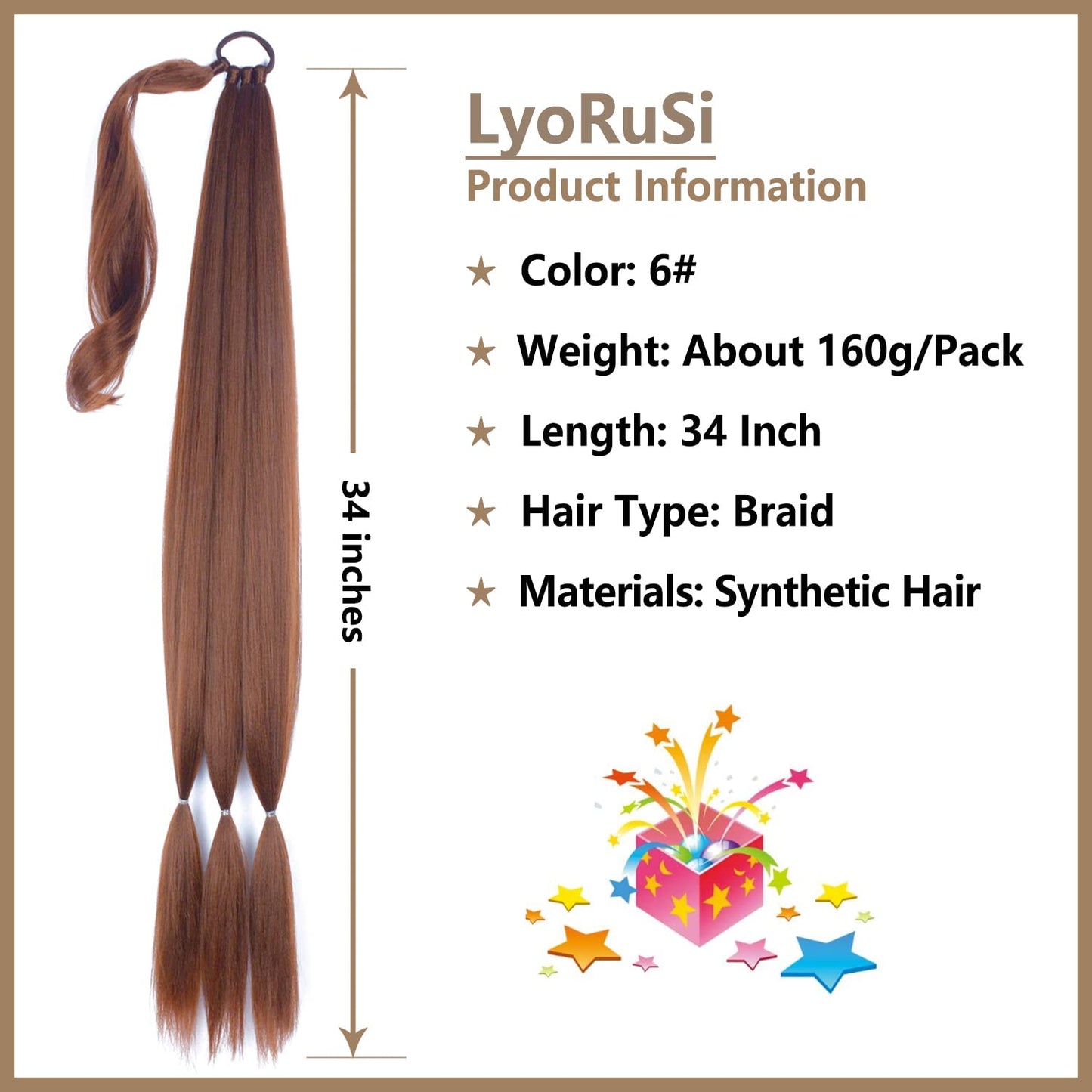 34inch Long Braided Ponytail Extension with Hair Tie Brown Straight Wrap Around Hair Braid Extensions for Women Synthetic High Temperature Fluffy Natural Soft Hair Piece for Women (6#)