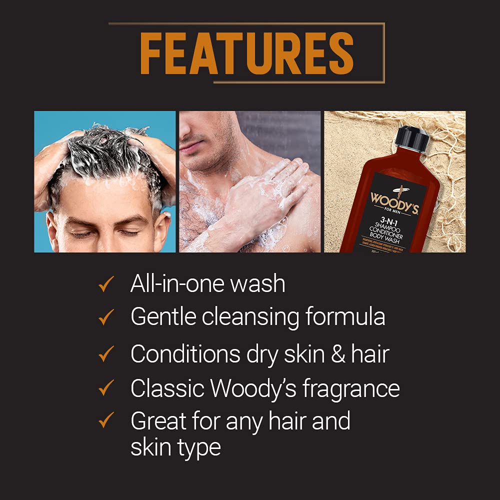 Woody's 3-in-1 Shampoo | Conditioner & Body Wash for Men - Travel-Size All-in-One Cleanser, 12 fl oz