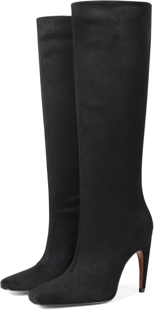 Femflame Knee High Boots - Stylish Wide Calf Suede Long Boots with Square Toe & Stiletto Heel