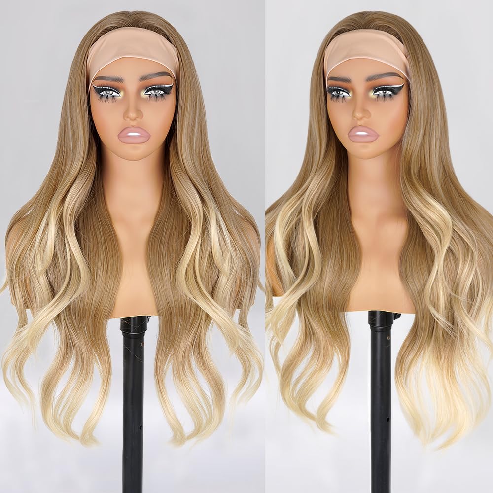 Long Wavy Headband Wigs for White Women, Gluless Wear and Go Half WIg, Natural Looking Synthetic Wig with Headband Attached Heat Resistant (Ombre Ash Blonde)