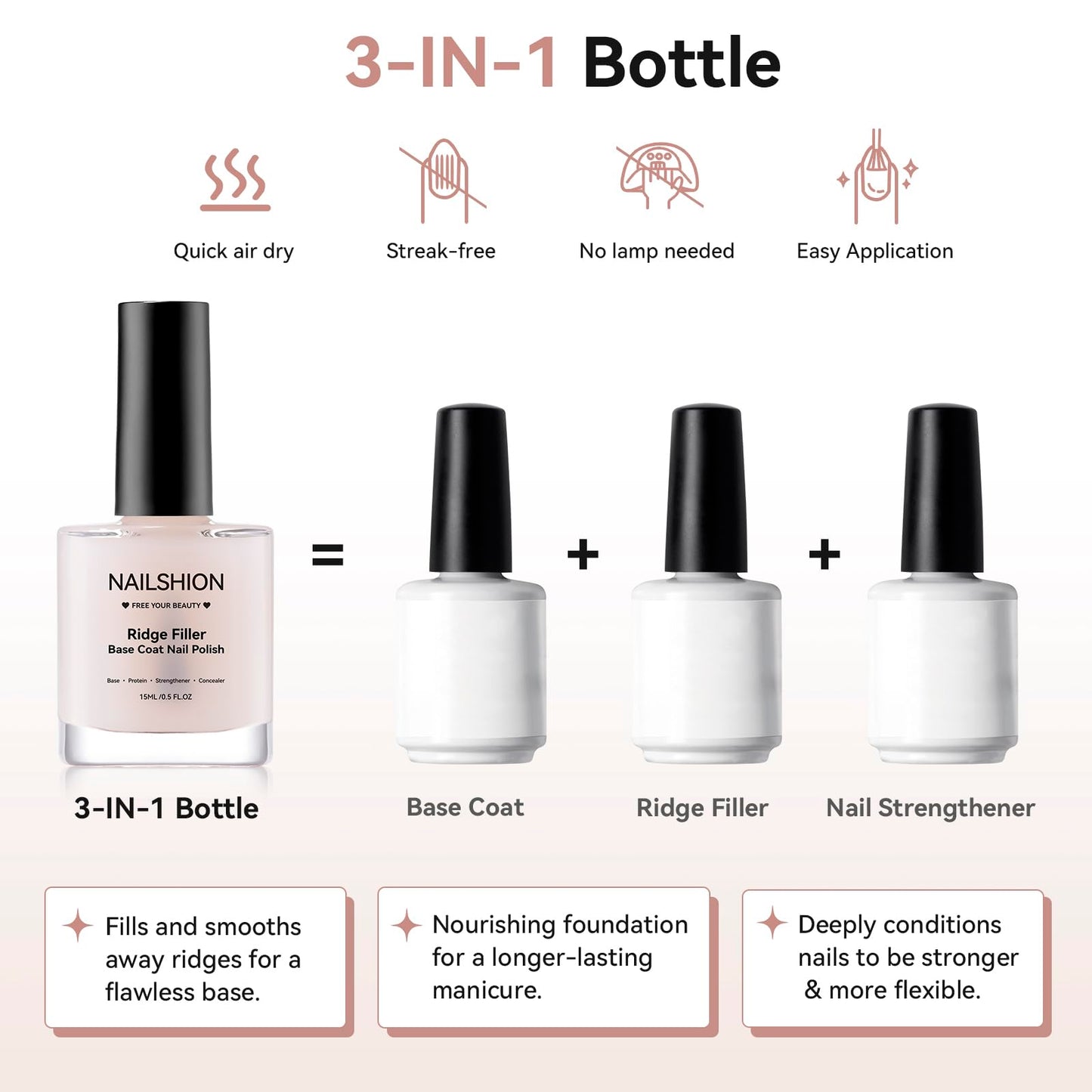 Ridge Filler Base Coat 3-in-1 Nail Strengthener Growth for Damaged Uneven Nails & Ridges, Nourish VE & Protein-Fortifying Leveling Base for Smooth, Flawless Polish | Vegan Cruelty Free