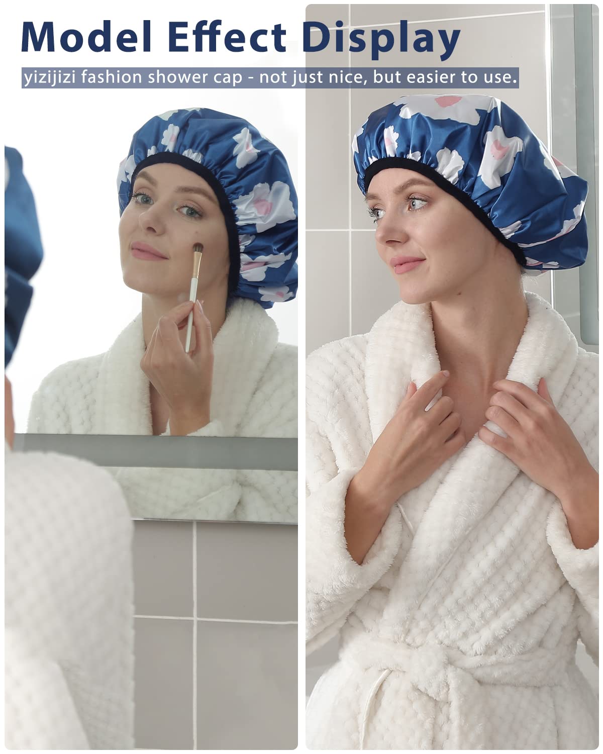 YIZIJIZI Waterproof Shower Cap - Triple Layer Design for Long Thick Hair | Reusable & Stylish (Blue)