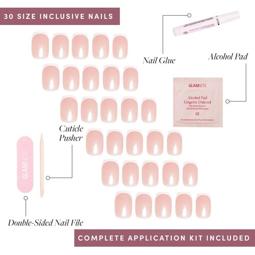 Glamnetic Press On Nails - La Perle | Salon Quality Semi-Transparent Squoval French Tips | 30 Nail Kit with Glue, 15 Sizes