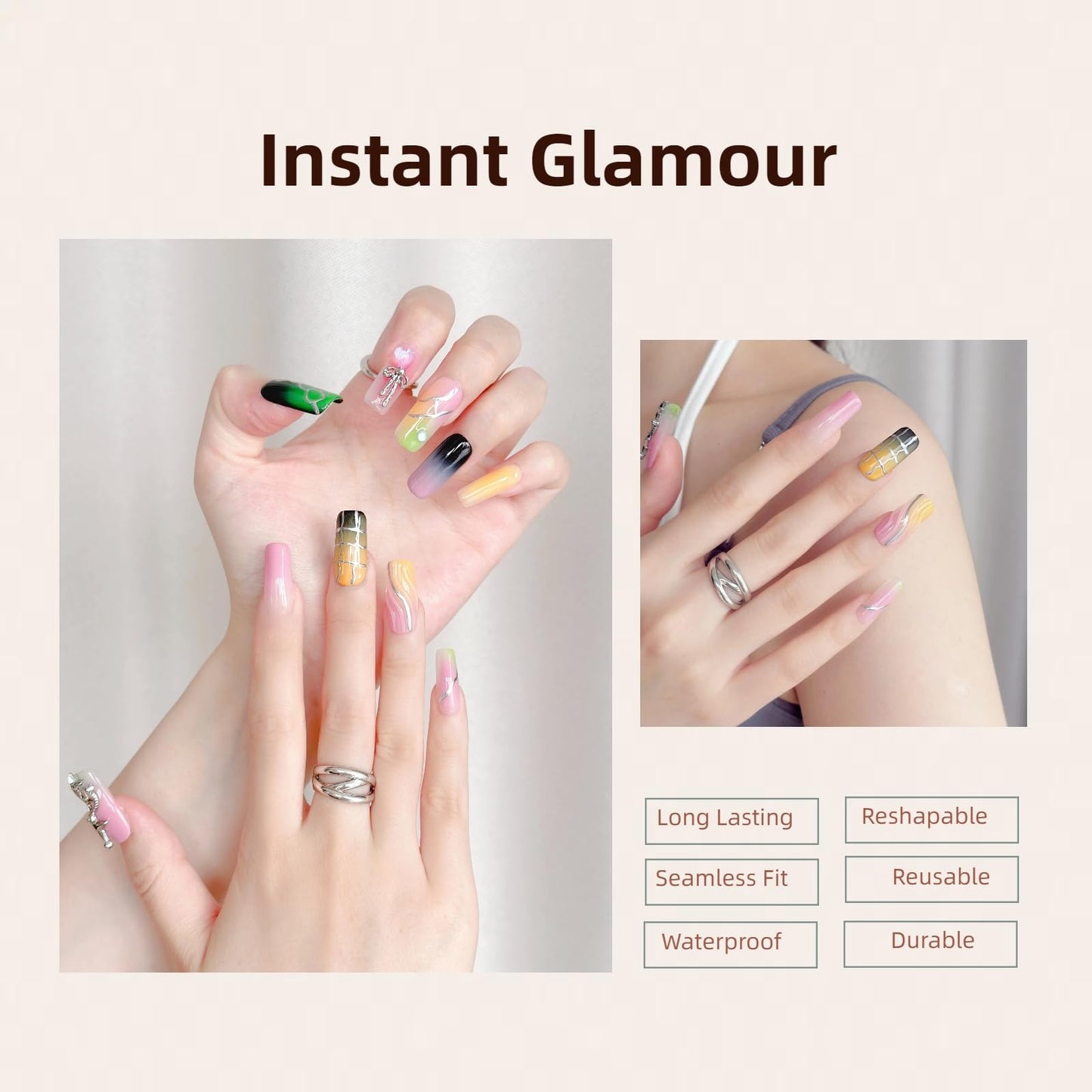 LARSOOY Nails Handmade Press on Nails Middle Long Square | Handmade Nails with Multicolored Stripes | Reusable fake Nails with Unique Designs | False Nails 10 Pcs (Overturned Palette, M)