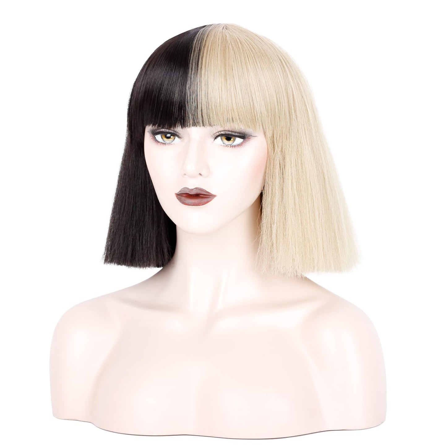 WeKen Women's Fashion Wig Short Bob Kinky Straight Full Bangs Synthetic Hairpieces Half Black and Half Blonde