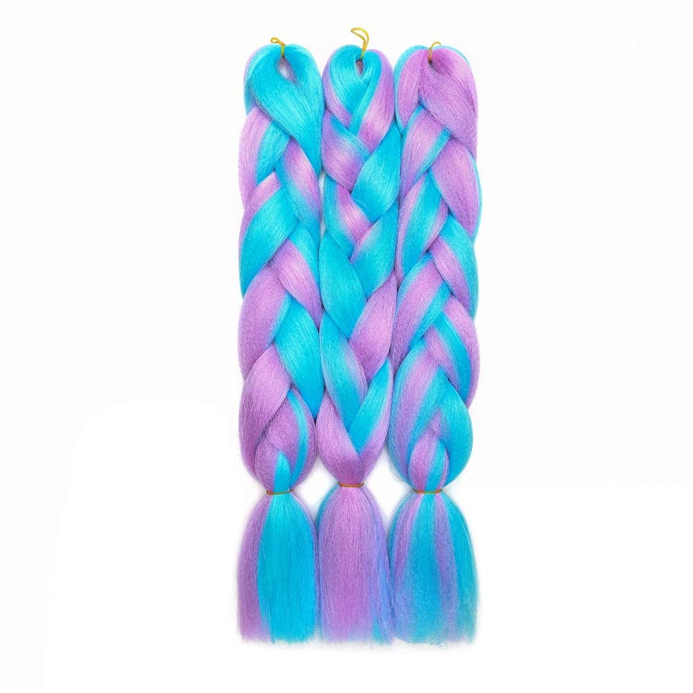 S-noilite 24" Ombre Jumbo Braiding Hair Extensions Long Jumbo Crochet Braids 3 Tone Jumbo Braiding Hair Extensions High Temperature Pre Stretched Colorful Braids (1 Bundle, Sky Blue Mix Light Purple)