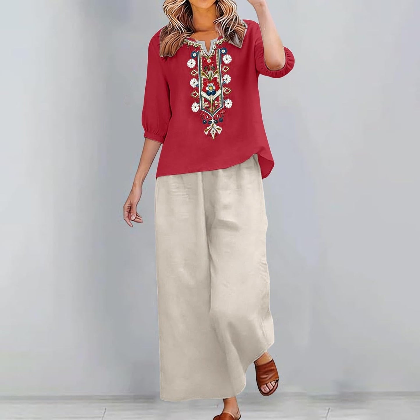 Skiennix Linen Set for Women - 2 Piece Embroidered Top & Wide Leg Capri Pants | Summer Beach Outfit