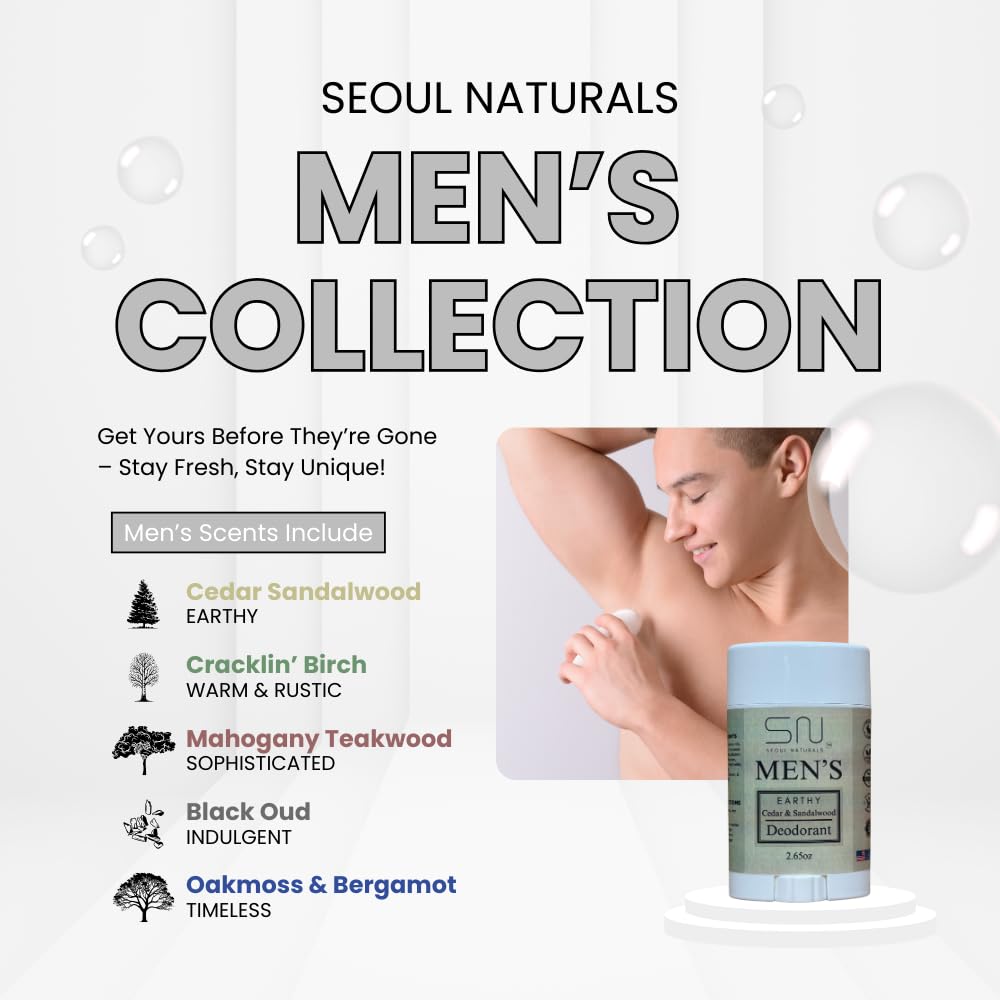 Seoul Naturals Men's Deodorant - Earthy Cedarwood & Sandalwood Scent | 2.65 oz K-Beauty Formula