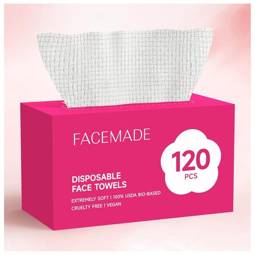 FACEMADE Disposable Face Towels - 120 Count Biobased Towelettes for Soft, Clean Skin | Ideal for Makeup Removal