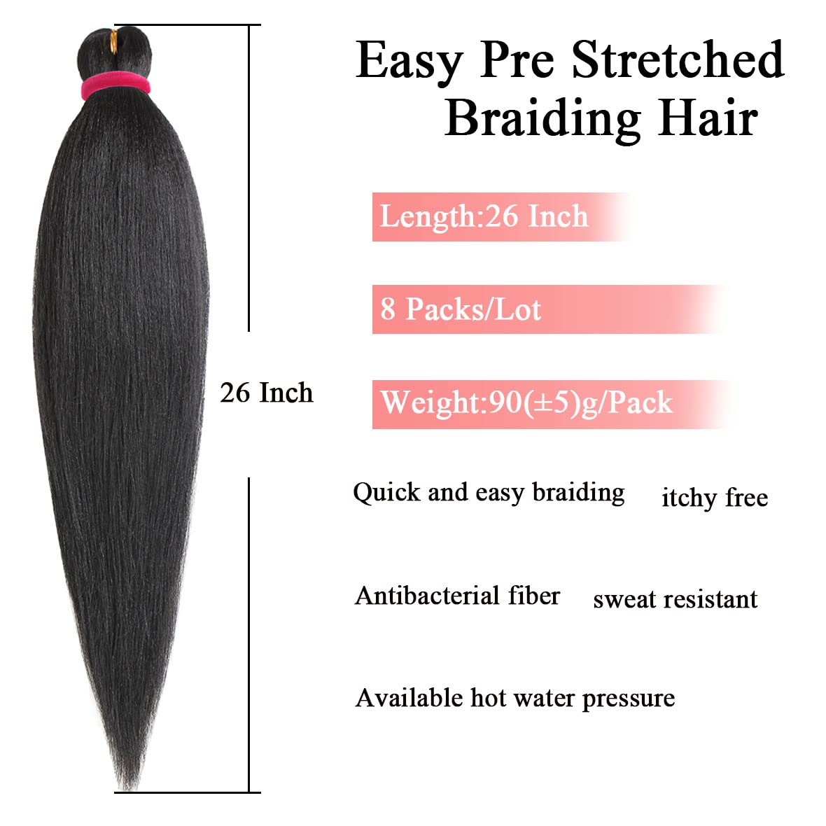 Leeven 8 Packs Black Braiding Hair 26 Inch Pre Streched Easy For Braiding Hair Yaki Texture Professional Braiding Hair Hot Water Setting Synthetic Hair Extension For Twist Braiding (1B#)