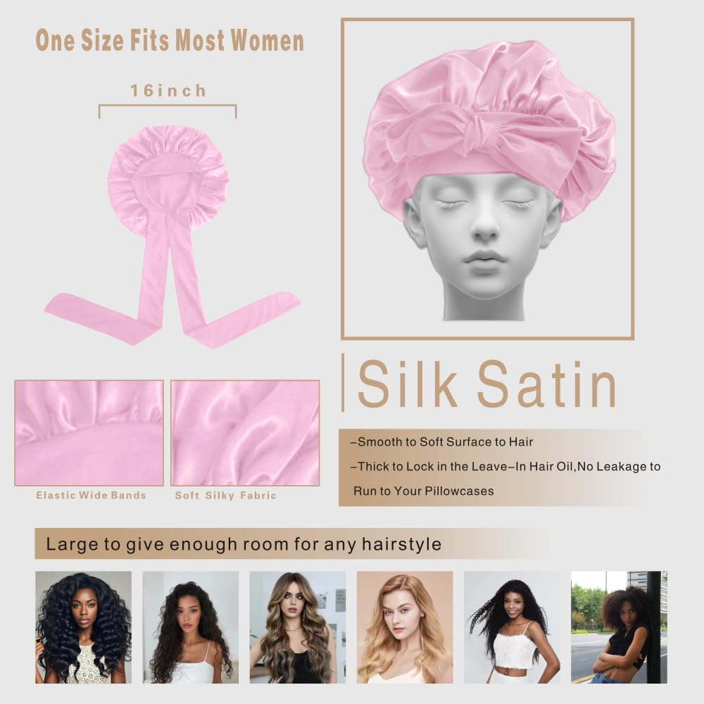 Skiennix Silk Bonnet - Adjustable Hair Bonnet for Curly Hair | Large Pink Shower Cap