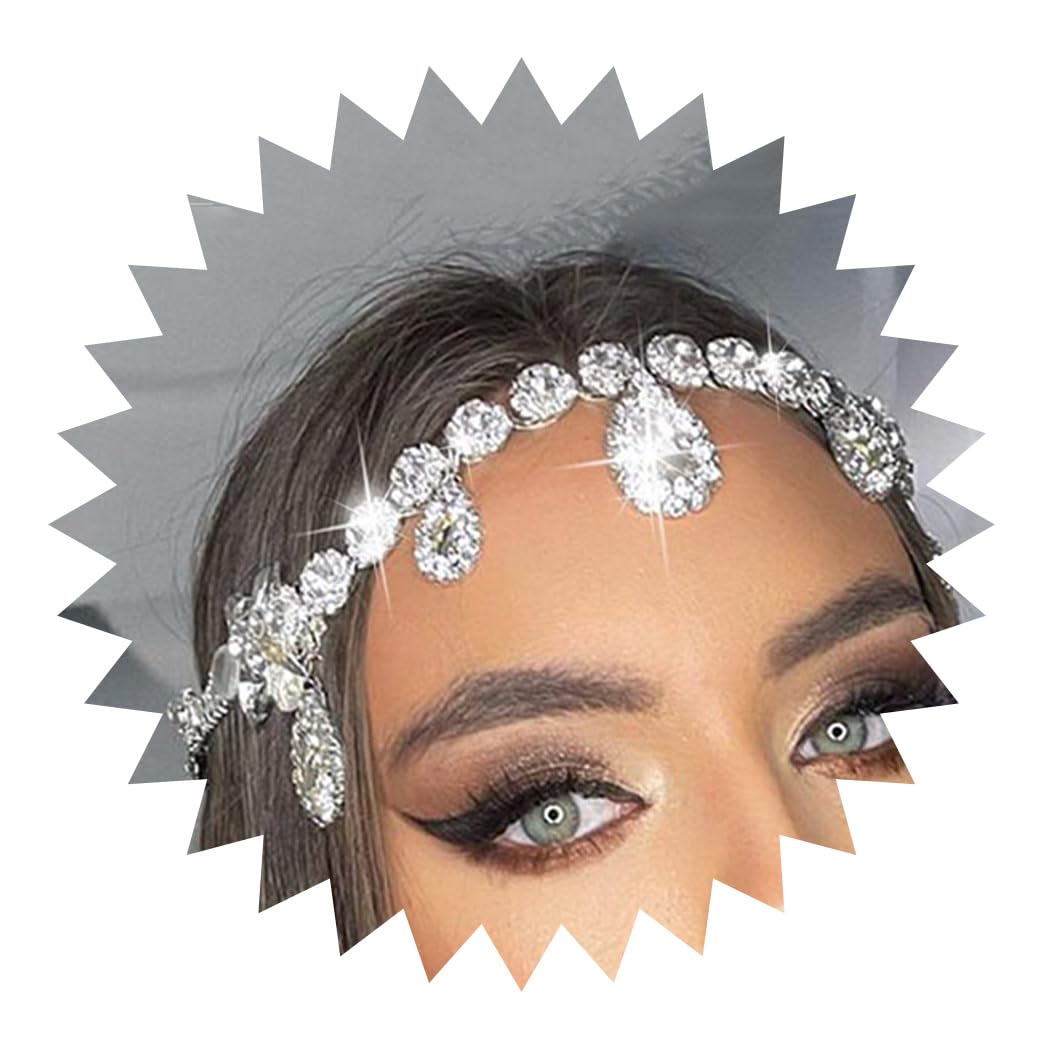 Aularso Rhinestone Head Jewelry Flower Tassel Hair Chain Water Drop Headpiece Wedding Halloween Costume Headband for Women and Girls (Silver)