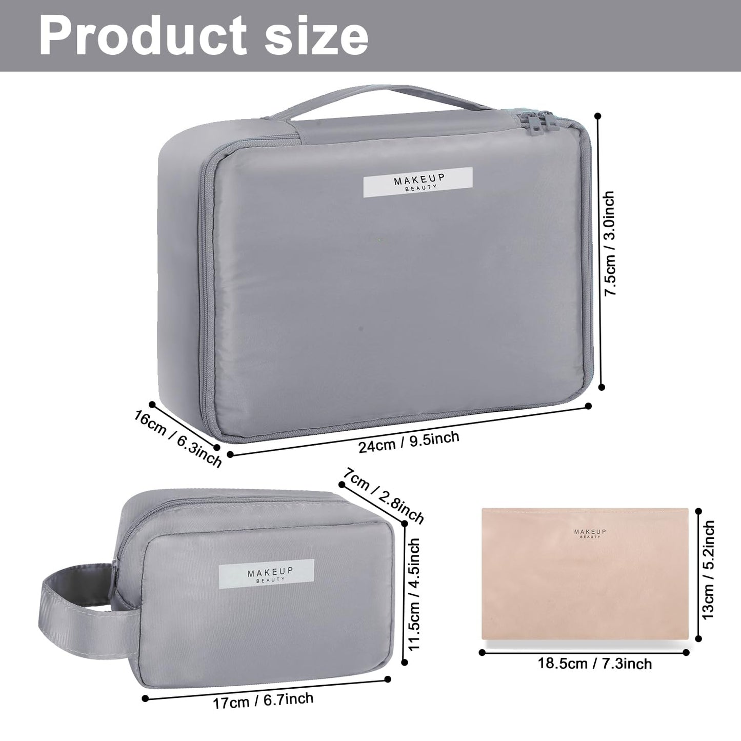 Travel Makeup Bag Cosmetic Bag Makeup Bag Toiletry bag for women and men (Grey-3pcs)