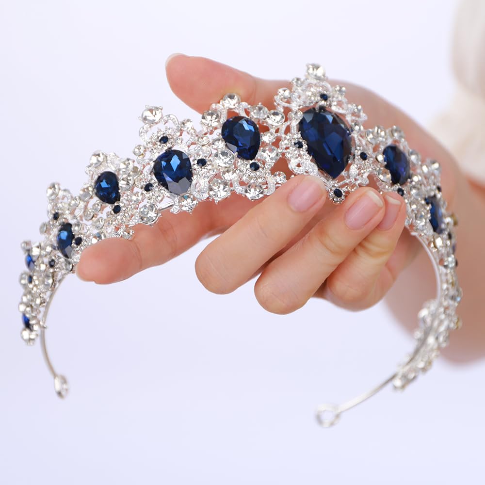 BERYUAN Bridal Baroque Blue Crystal Silver Headpiece Silver Princess Wedding Headband Royal Crystal Rhinestone Hair Costume for Women and Girls (silver)