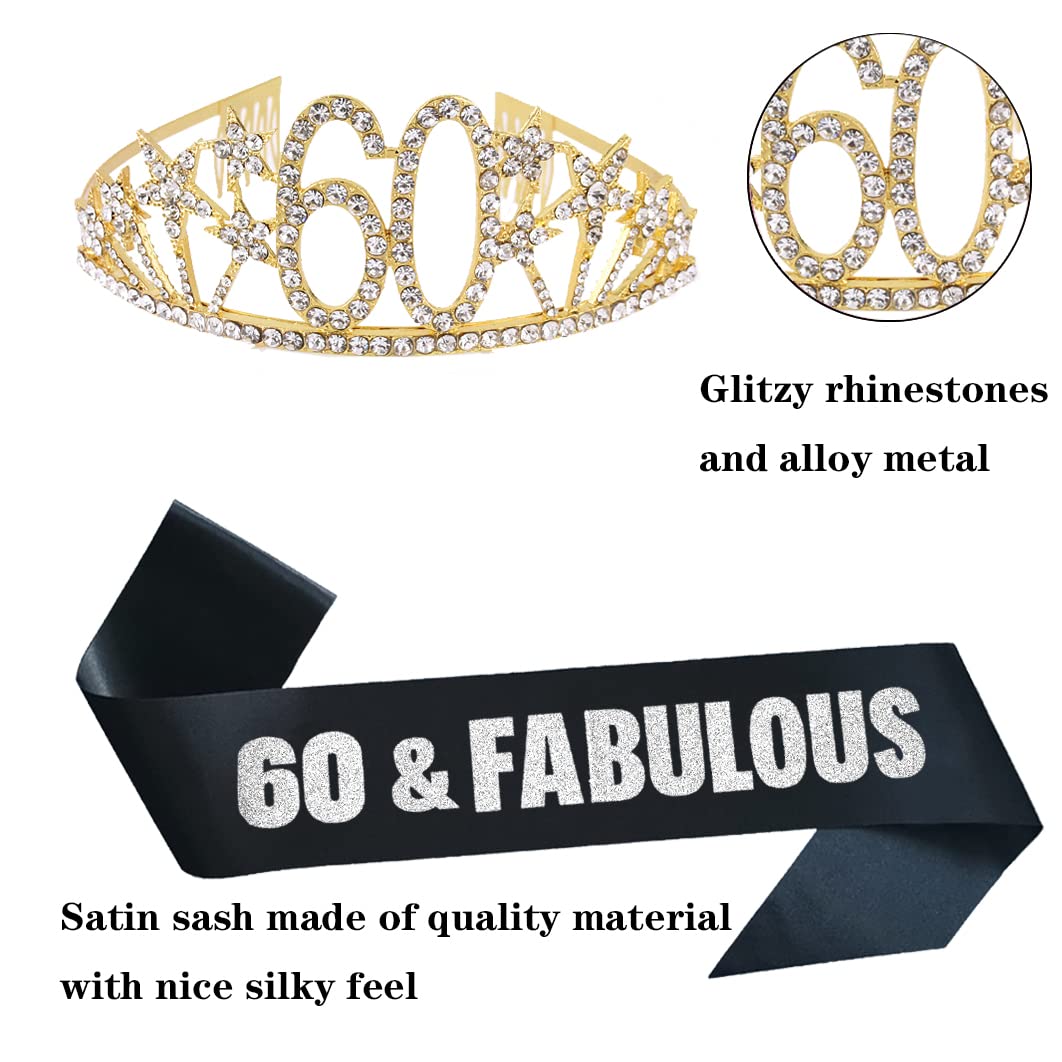 Mayin Happy 60th Birthday Tiara and Sash Gifts Crystal Rhinestone Princess Crown Birthday Queen Party Favor Supplies Gold Crowns Silver Letter Black Sash