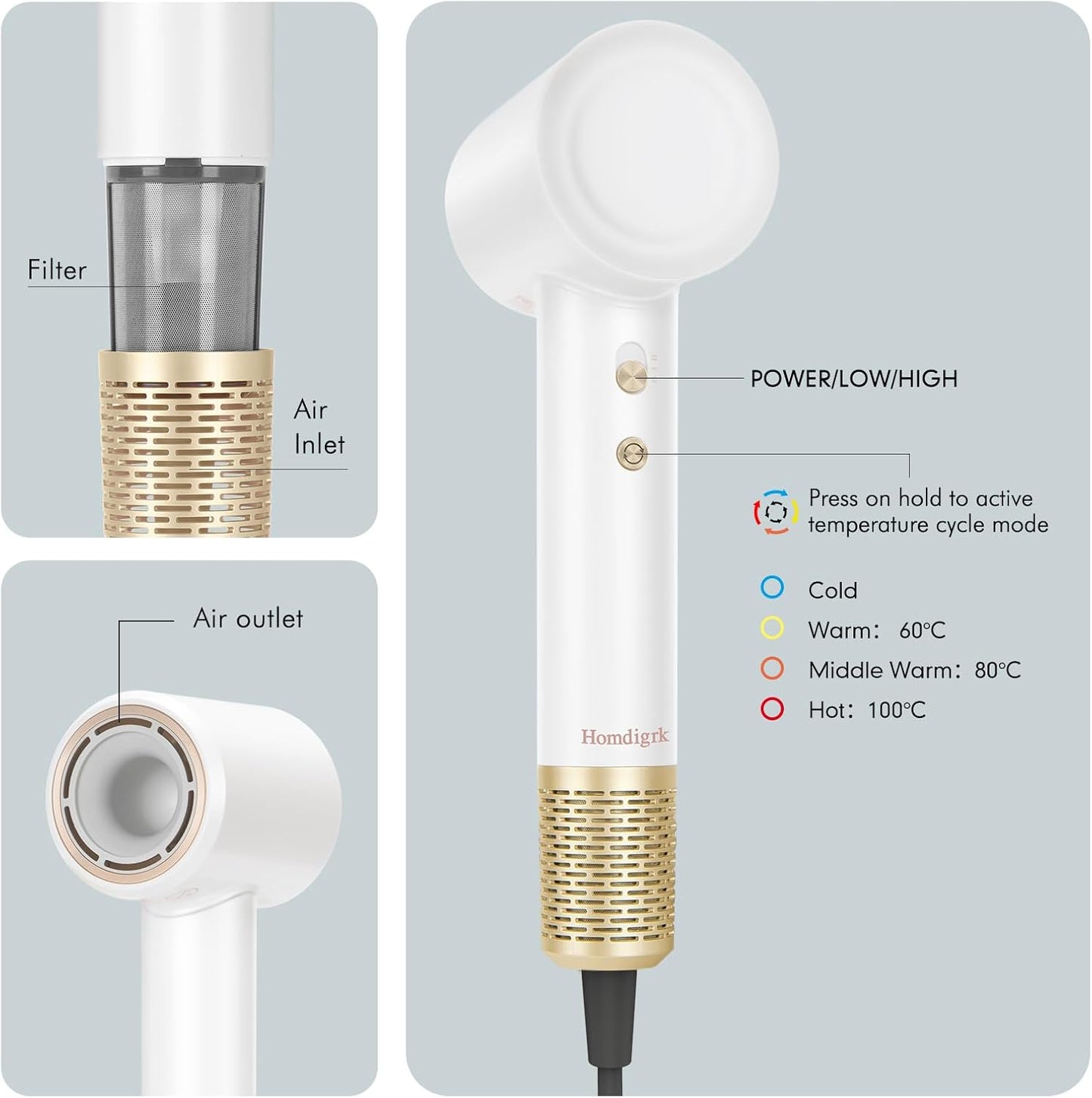Skiennix Ionic Hair Dryer - High-Speed, Low Noise Mini Blow Dryer with Diffuser | Lightweight & Compact Design for All Hair Types