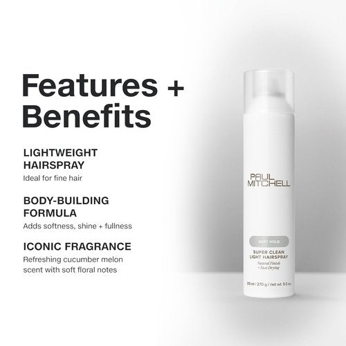 Paul Mitchell Super Clean Light Hairspray - Fast Drying, Soft Hold & Natural Finish for Fine Hair | 9.5 oz