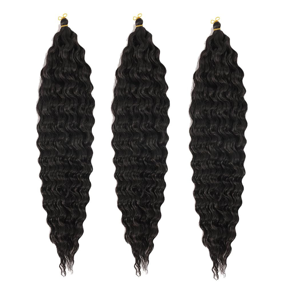 BALINGHAIR Ocean Wave Crochet Hair 24 Inch Deep Wave Braiding Hair Black Long Curly Crochet Braid Hair Extensions(1B-3Pcs)