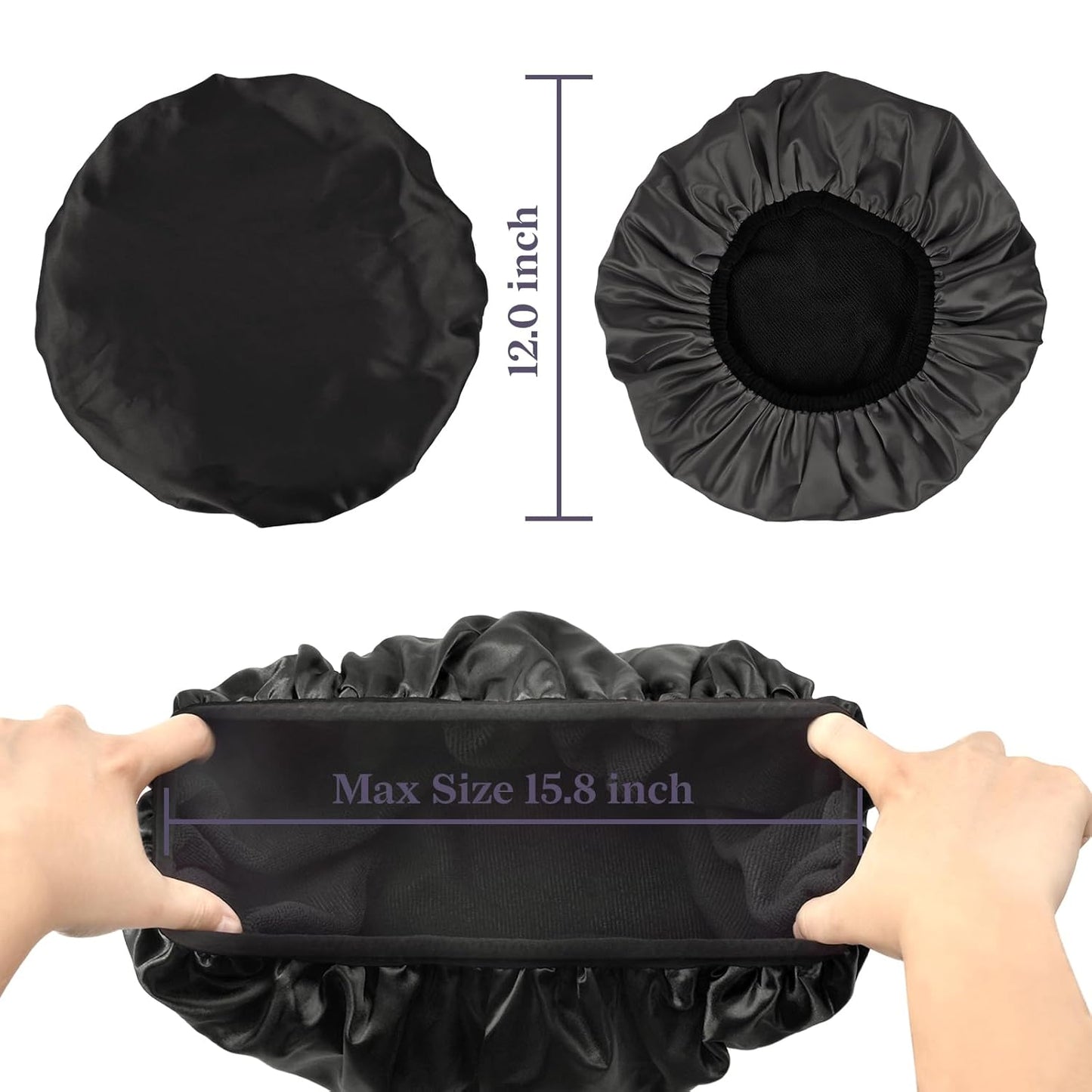 Skiennix Satin Shower Cap - Three-Layer Terry Cloth Lined, Waterproof & Reusable for Long Hair (Black)