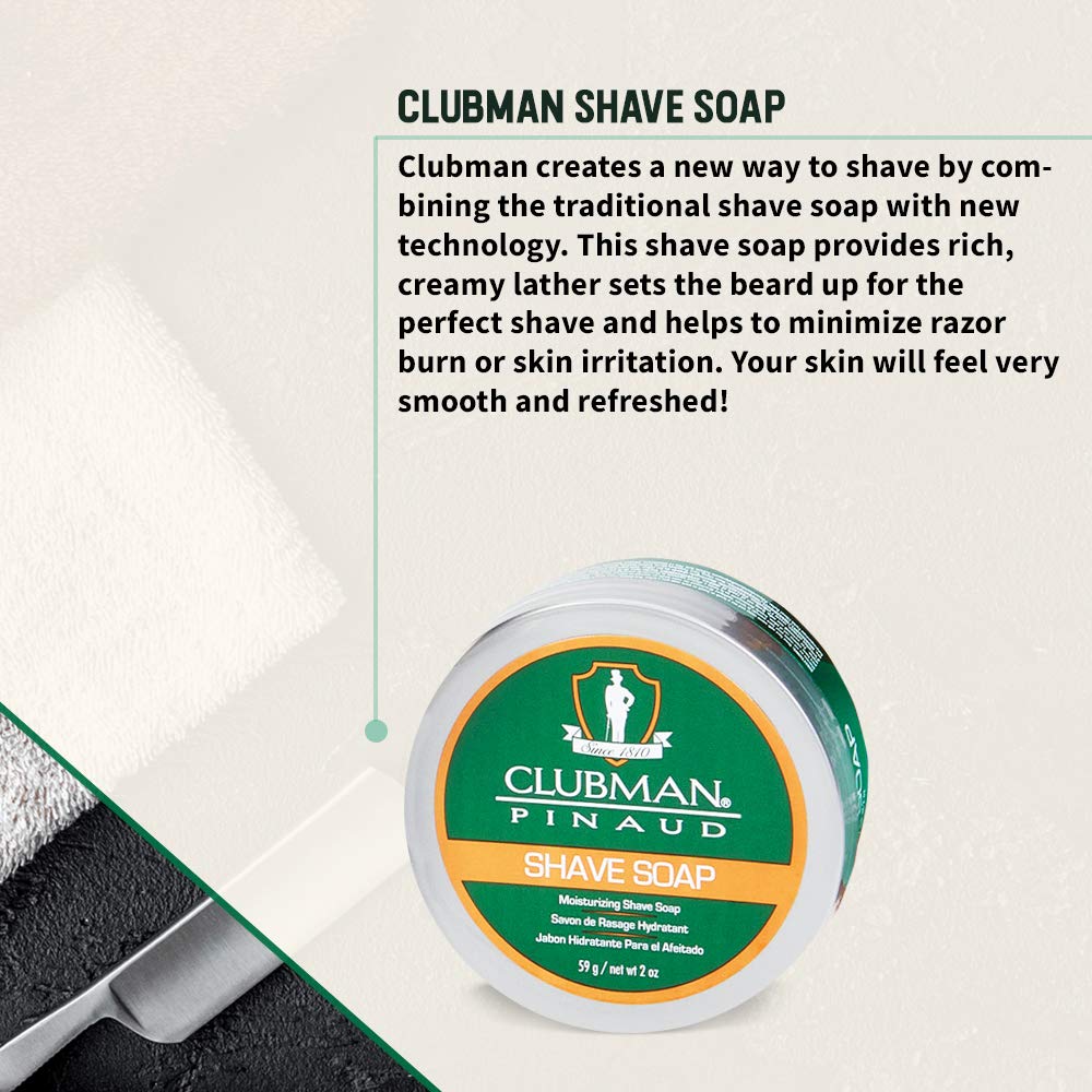 Clubman pinaud shave essentials set, dopp kit with whiskey woods after shave, shave soap, and shave brush