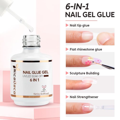 Nicedeco Gel Polish 6 in 1 Nail Glue Gel for Acrylic Nails, Hema Free, Cruelty Free, Vegan 2 Pcs 15ml Super Strong Brush in Nail Gel Glue for False Nails Tips and Gel Nail Polish Led Lamp Required