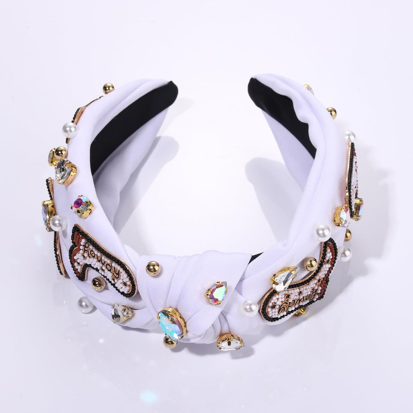 Western Cowgirl Headband Accessories for Women Beaded Cowboy Boot Embellished Headband Rhinestone Crystal Pearl Top Knot Headband Rodeo Nashville Bachelorette Party Country Concert Outfit (White)