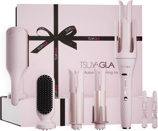 Skiennix 5-in-1 Auto Curling Iron Set - Interchangeable Barrels, Rotating Ceramic Curler, Pink