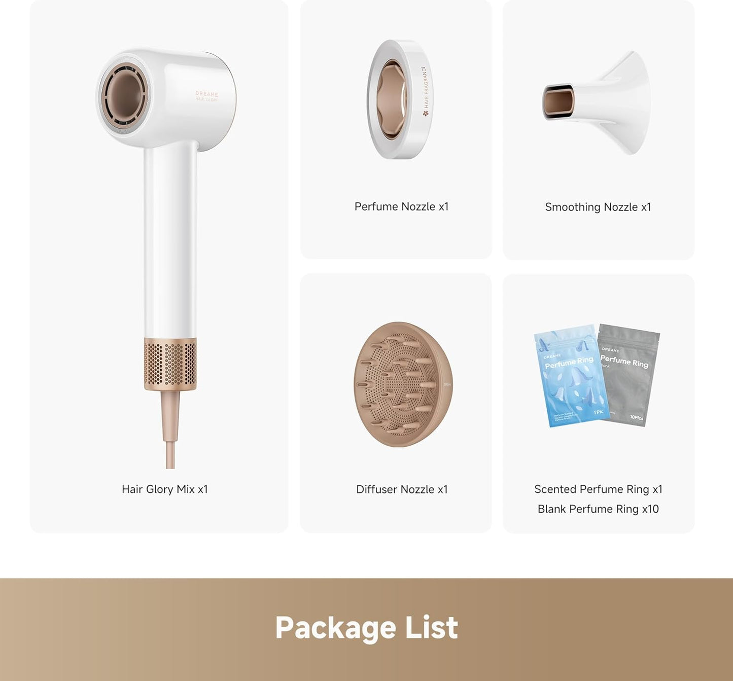 Dreame Glory Mix High-Speed Hair Dryer - Dual Voltage, 3 Magnetic Nozzles, Lightweight White Design