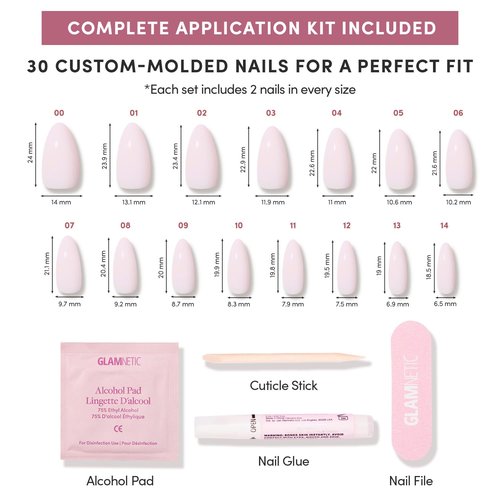 Glamnetic Press On Nails - Medium Almond Fake Nails, Milky Pink Nails, Blush Blanket | 15 Sizes - 30 Nail Kit with Glue | Gift for Mom