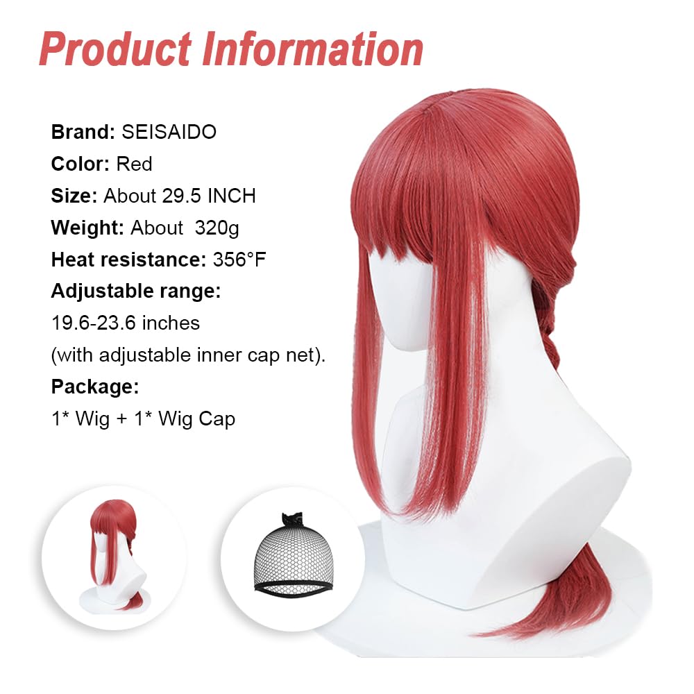 SEISAIDO Long Red Wig Anime Pink Cosplay Braids Wigs with Bangs for Csm Halloween Party Hair + Wig Cap