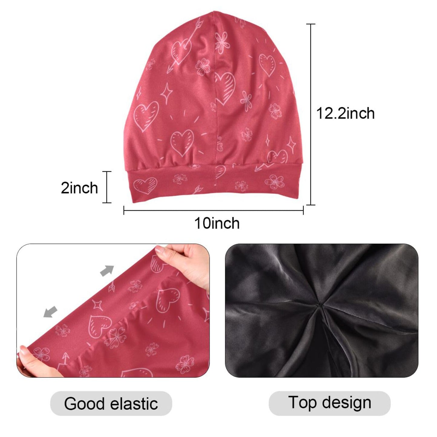 ElliTarr Beanie Hat Satin Bonnet Lined Sleep Cap Hair Wrap Cover Slouchy Beanie for Curly Hair Protection for Gifts for Men Women Valentines Day Heart Floral Red