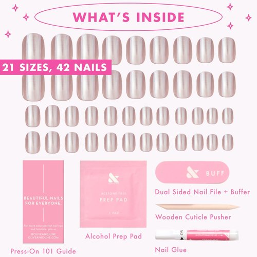 Olive & June Minimalist Instant Mani Press On Nails (Glue) | 42 Fake Nails, 21 Sizes | Non-Toxic, Long-Lasting Barely-There Look | Salon-Quality at Home | Extra Short, Squoval | Taupe Jelly Chrome